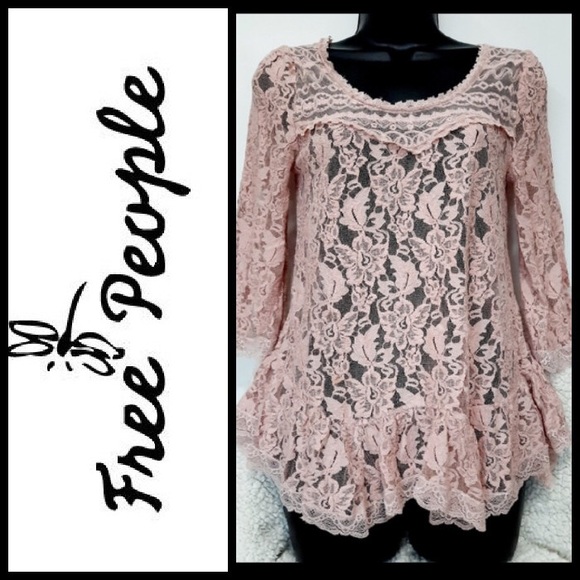 Free People Lace Blush 3/4 Sleeve Hi-Lo Hem Blouse - Picture 1 of 17